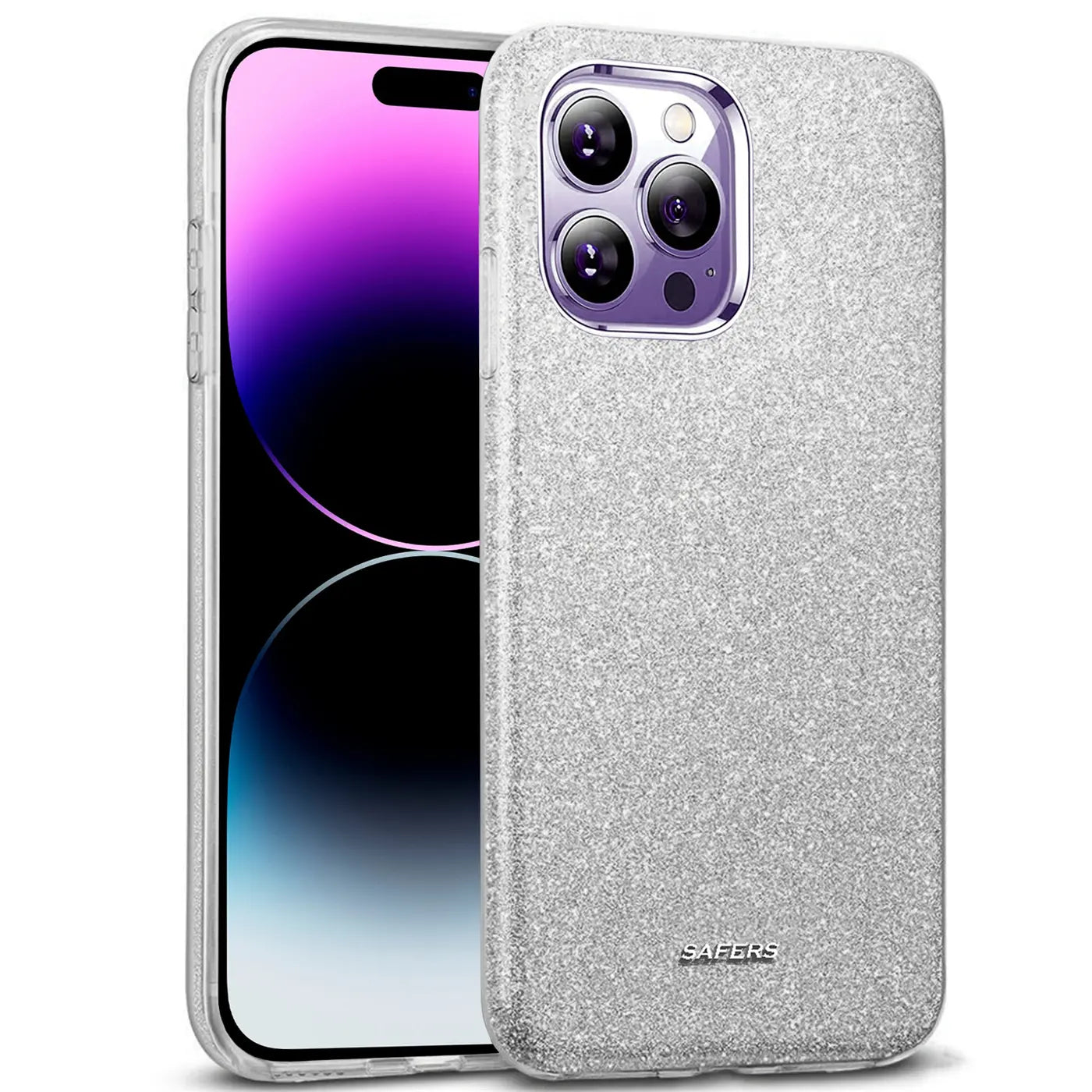 Silberne Glitzer TPU Hülle auf einem iPhone 14 Pro Max, von vorne leicht schräg.