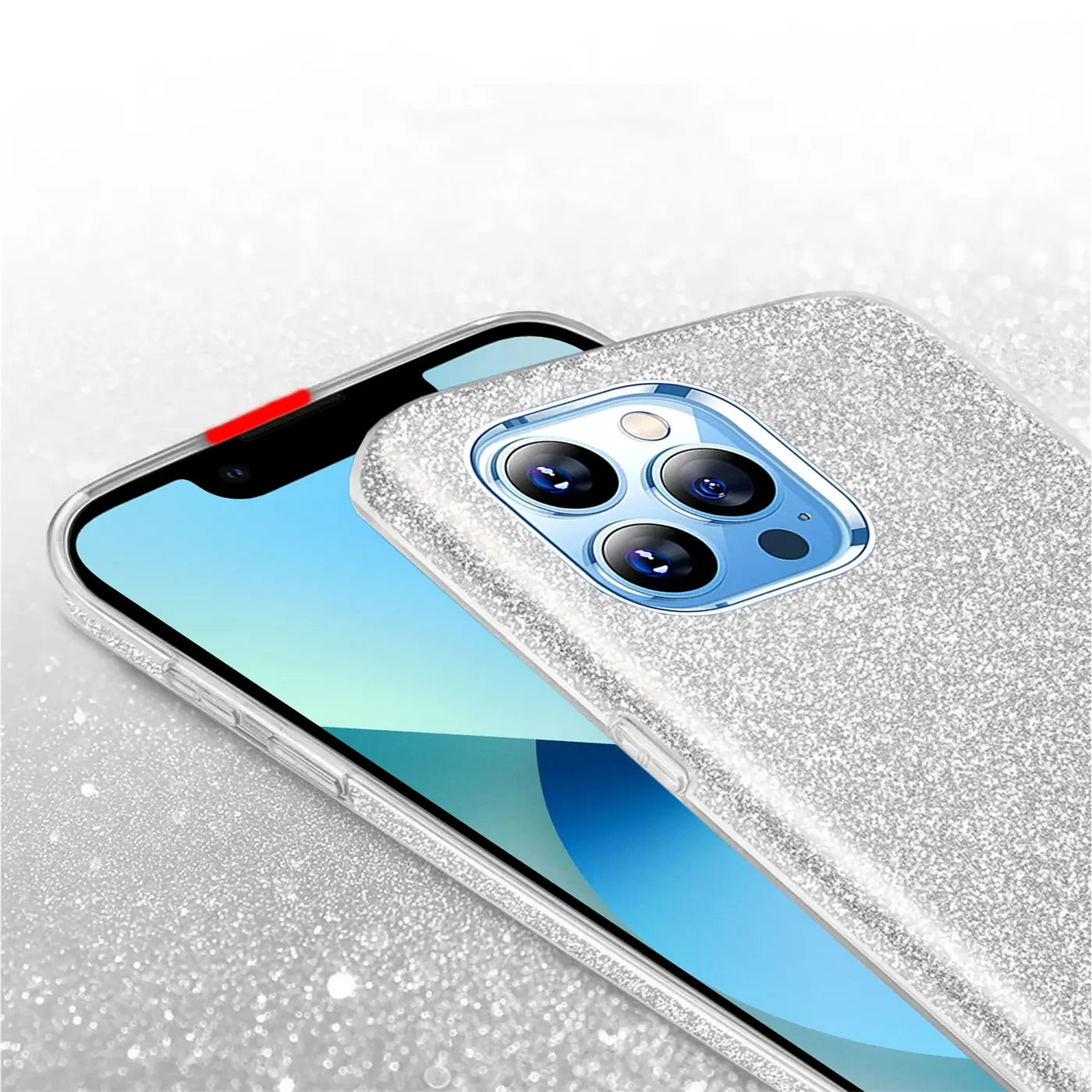 Silberne Glitzer-TPU-Hülle auf iPhone 14 Pro Max, Nahaufnahme von hinten