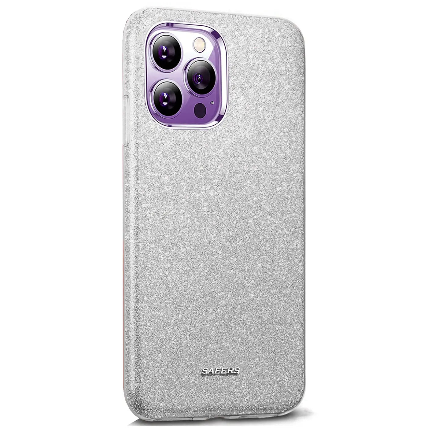 Silberne Glitzer-TPU-Hülle für iPhone 14 Pro, von schräg oben fotografiert.