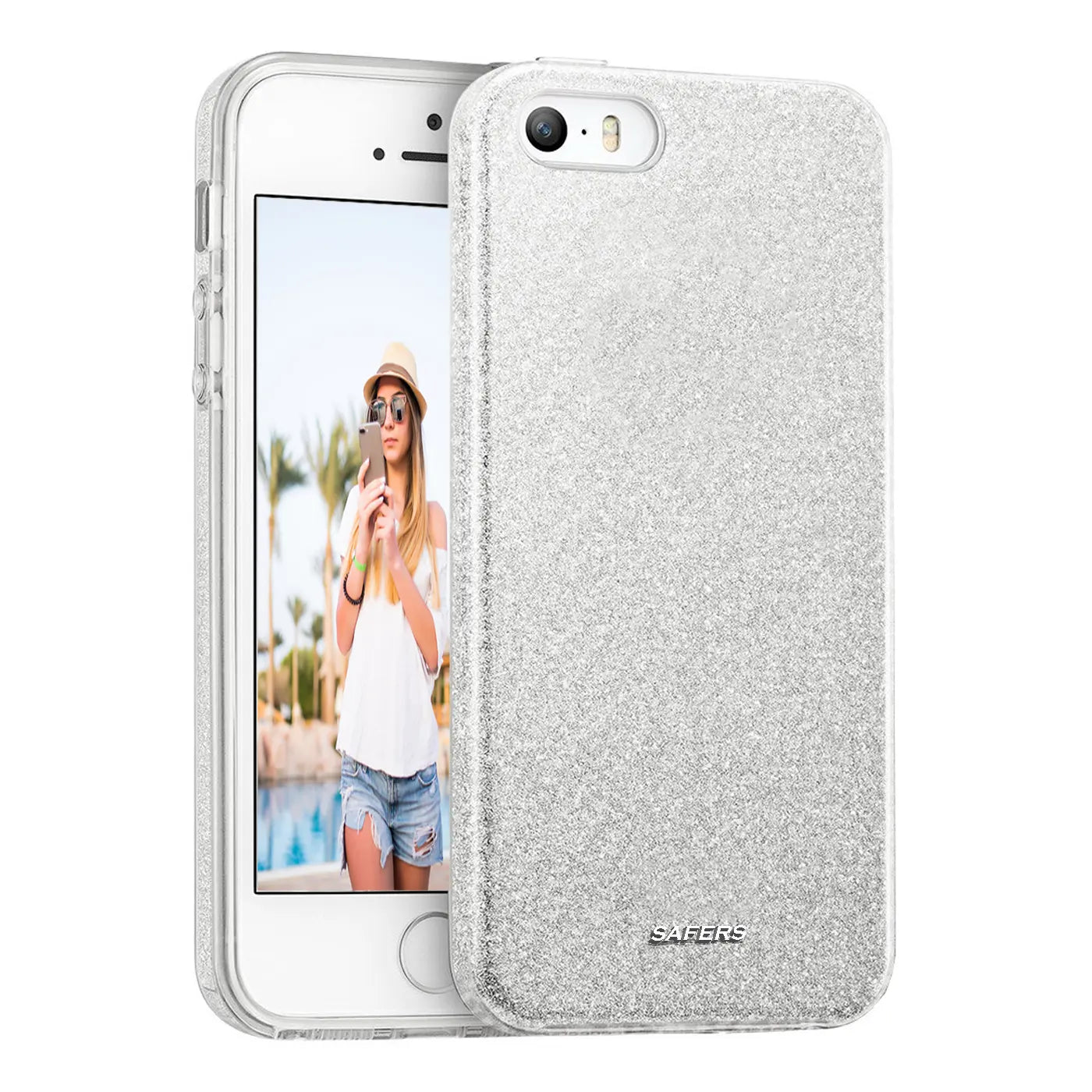 Silberne Glitzer-TPU-Hülle für iPhone 5/5S/SE, von vorne, mit Gerät