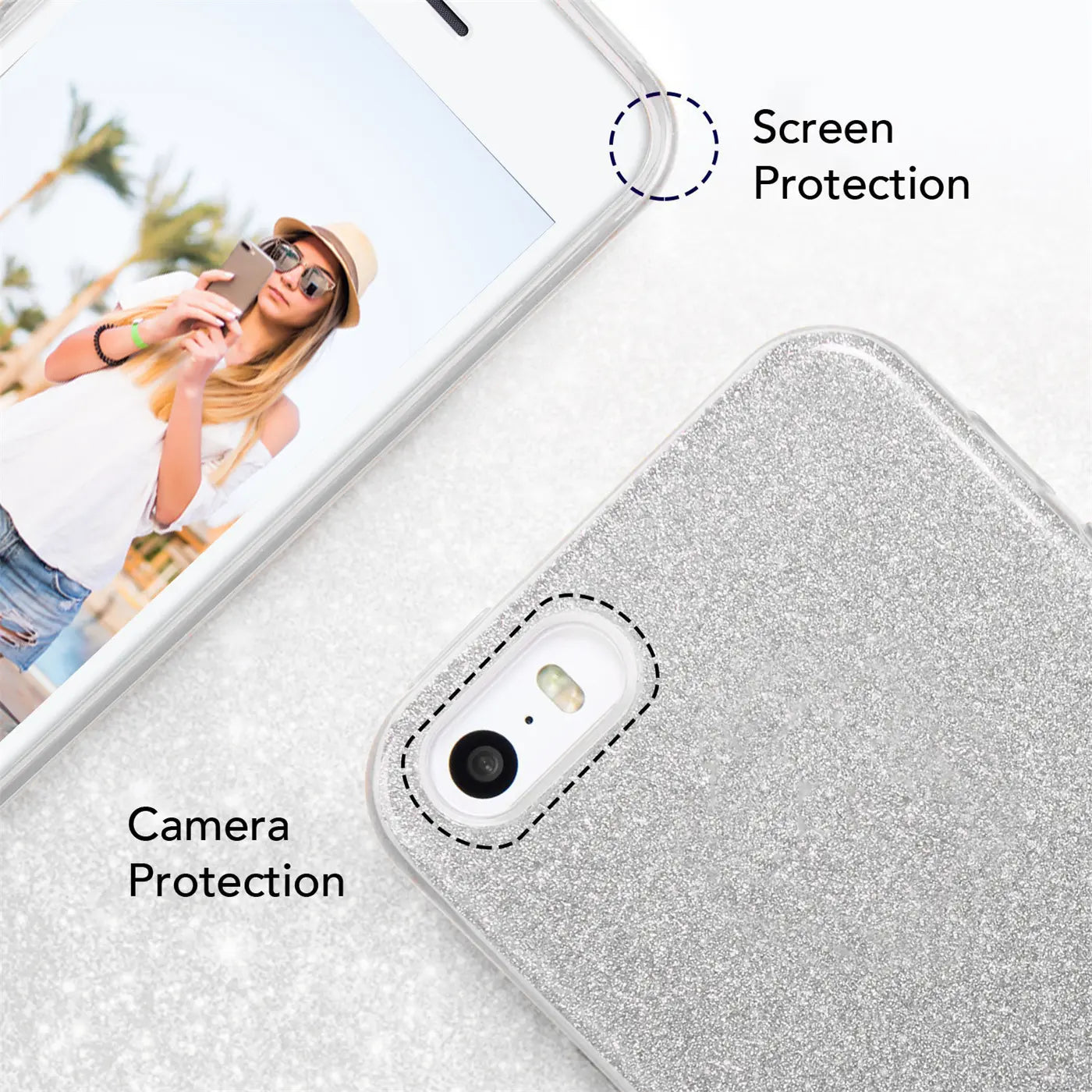 Silberne Glitzer-TPU-Hülle auf einem iPhone 5/5S/SE, Nahaufnahme der Rückseite.