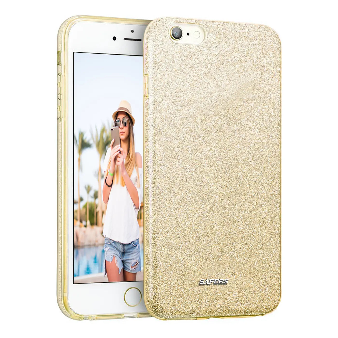 Goldfarbene Glitzer-TPU-Hülle für iPhone 6/6S, von vorne, mit Gerät.