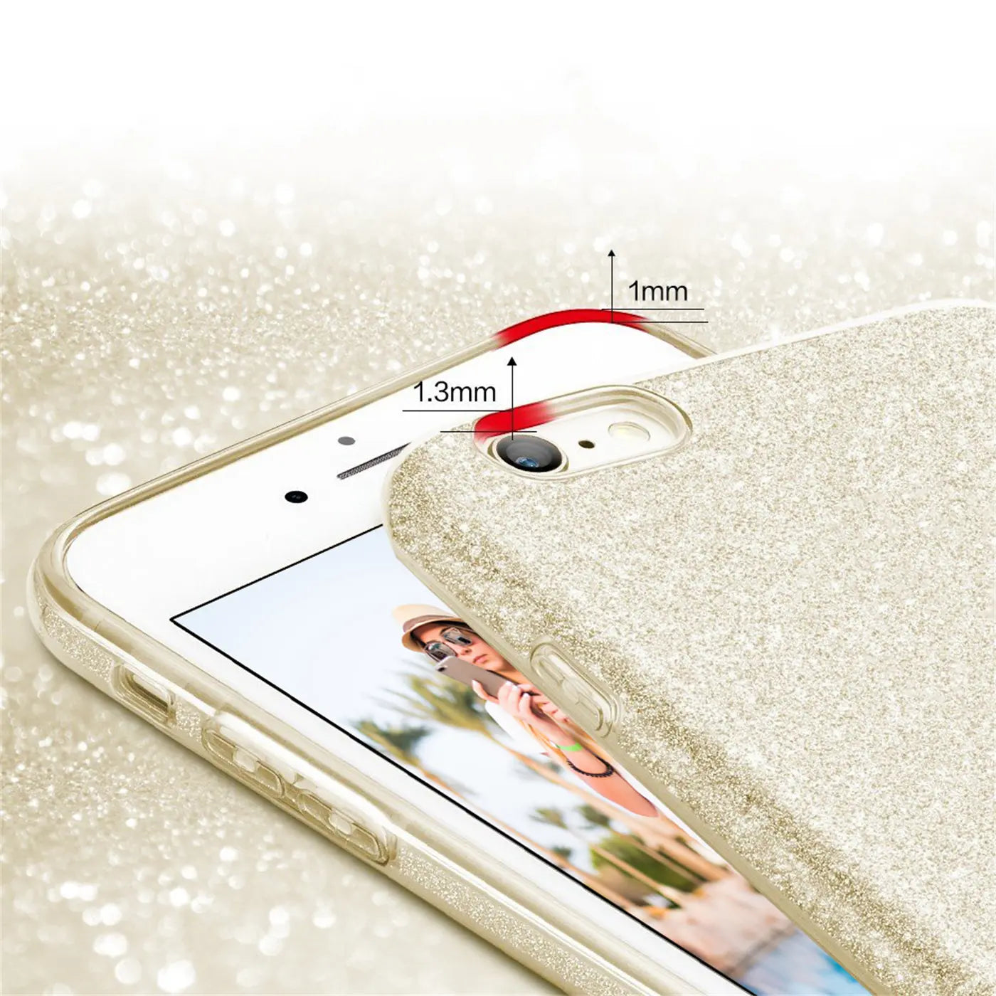 Goldfarbene Glitzer-TPU-Hülle auf einem iPhone 6/6S, Nahaufnahme von hinten.