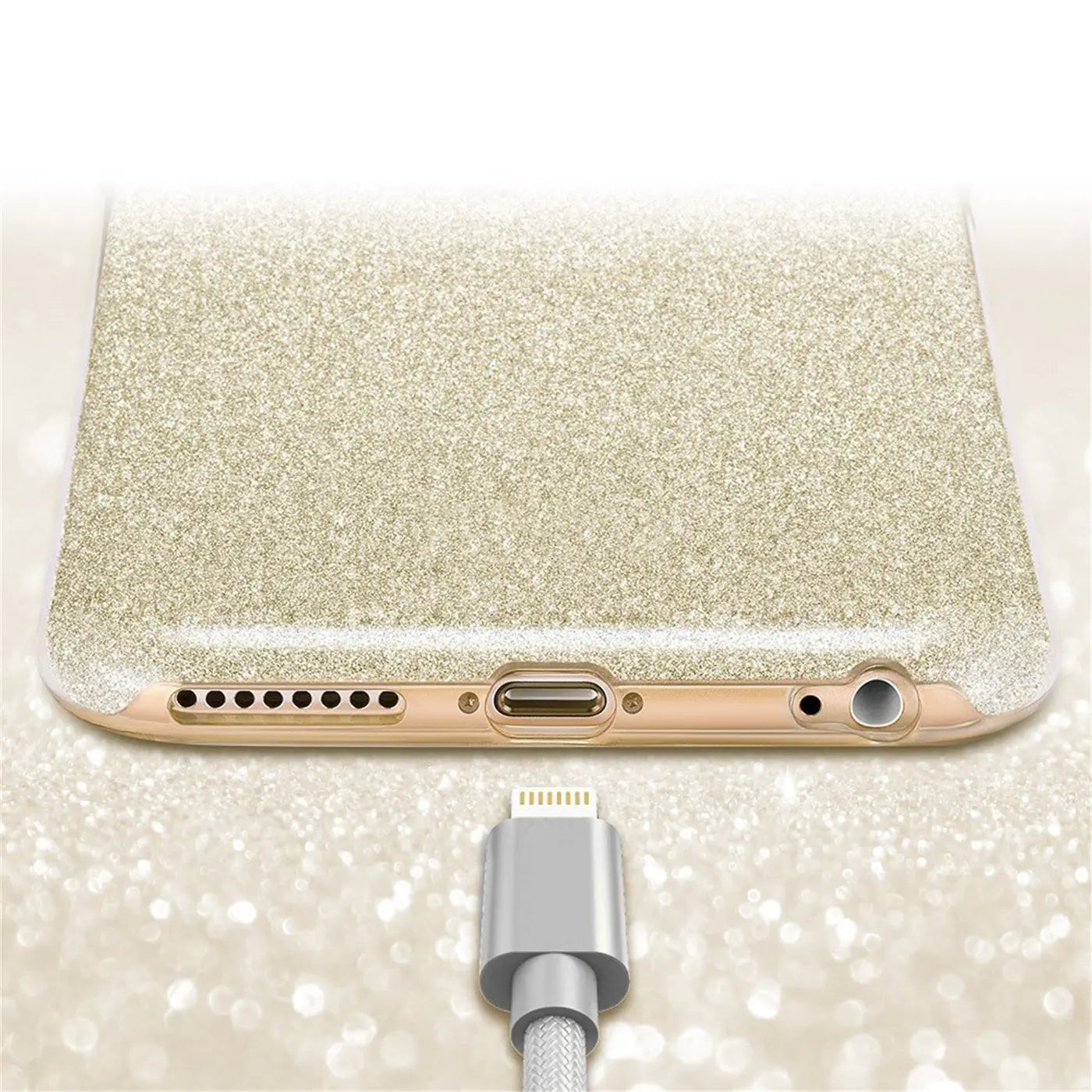 Goldfarbene Glitzer-TPU-Hülle für iPhone 6s Plus/6 Plus, Nahaufnahme des Ladeanschlusses.