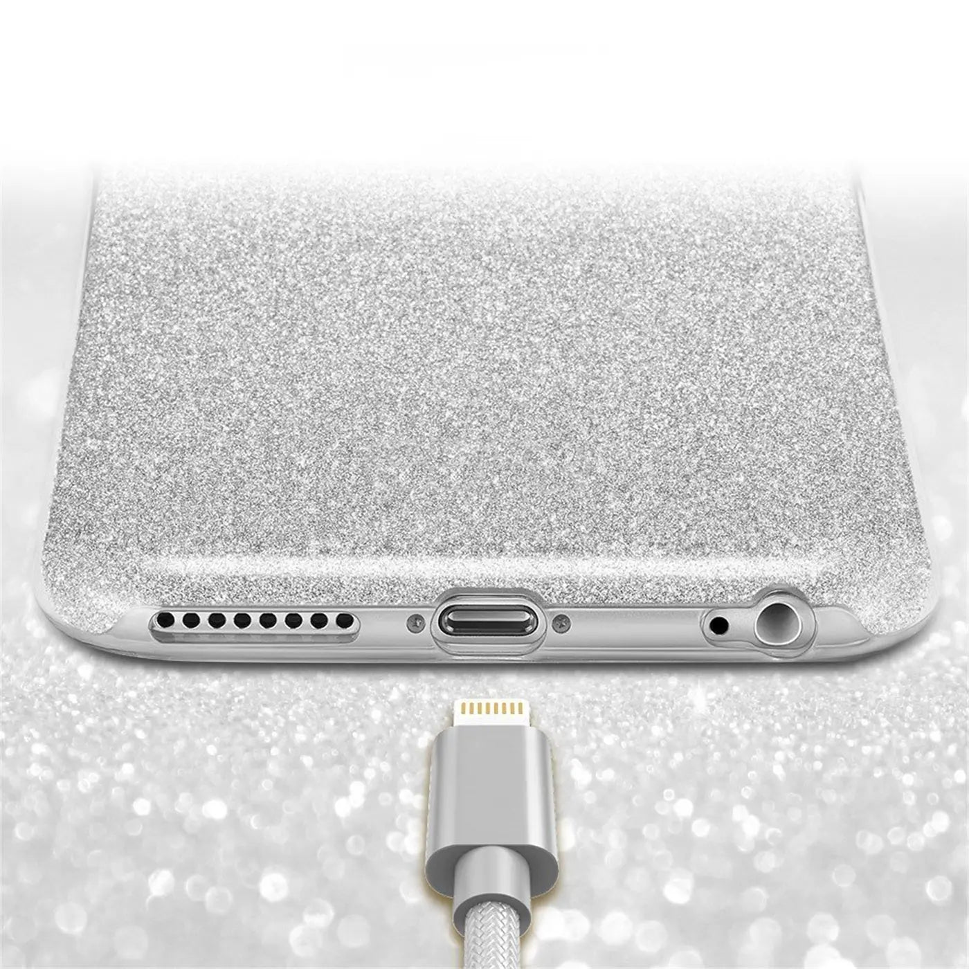 Silberne Glitzer-TPU-Hülle für iPhone 6s Plus/6 Plus, Nahaufnahme von unten, Ladeanschluss sichtbar.