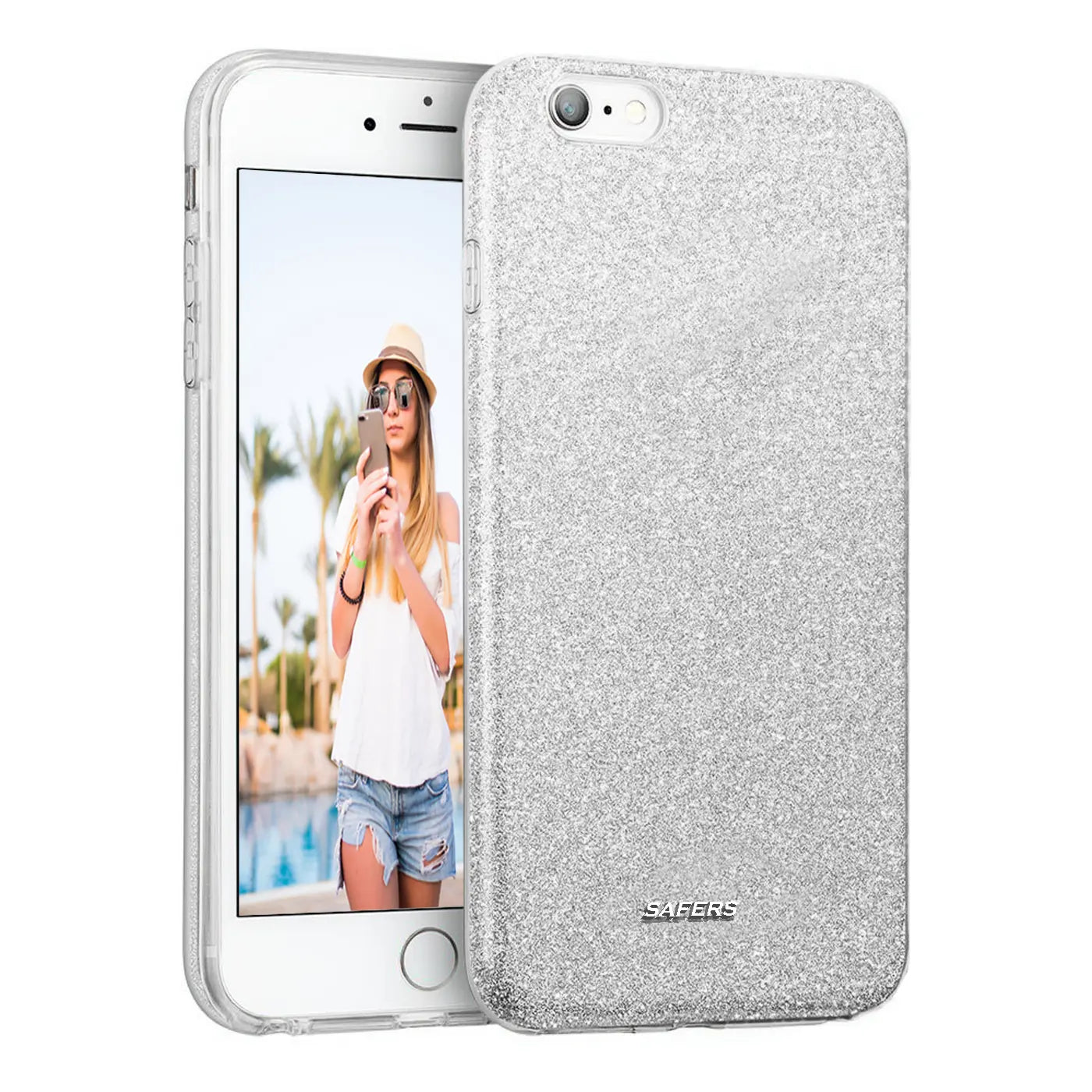 Silberne Glitzer-TPU-Hülle für iPhone 6/6S, von vorne, mit Logo.