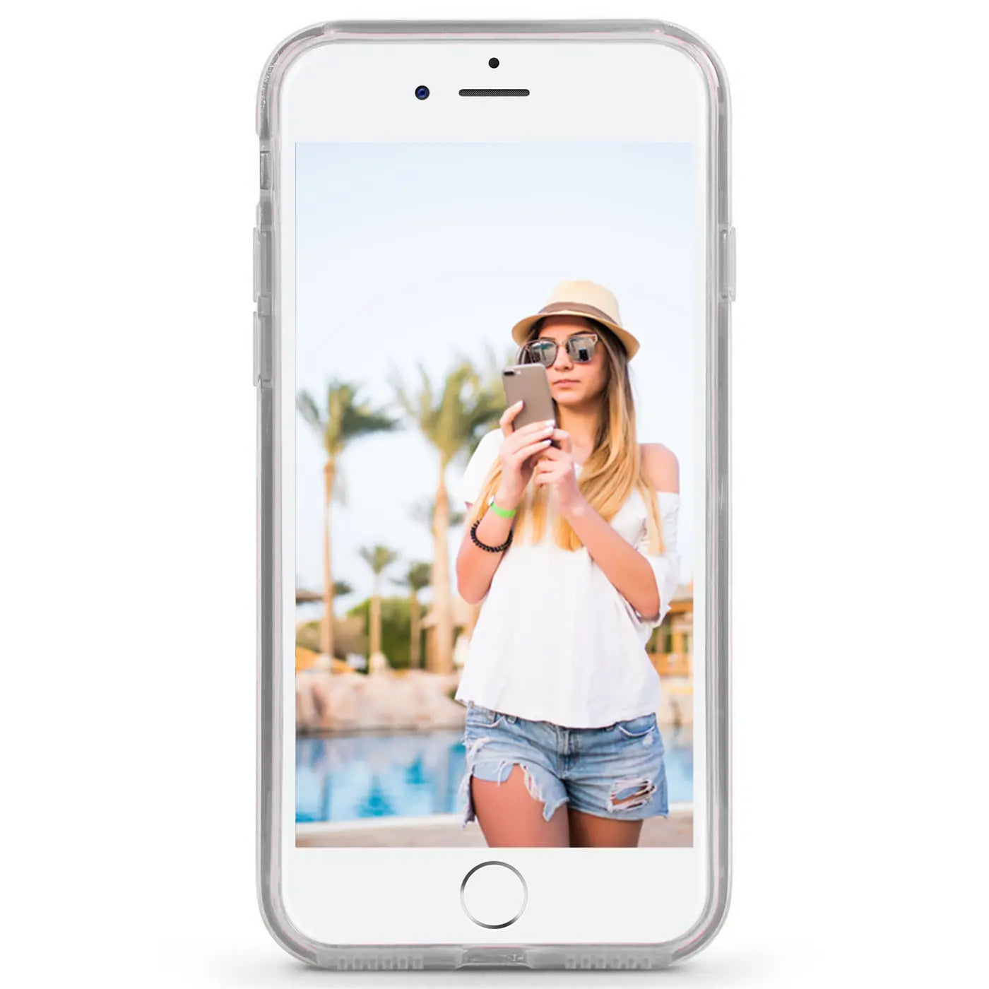 iPhone 6/6S in klarer TPU-Hülle, zeigt Frau mit Handy vor Pool.
