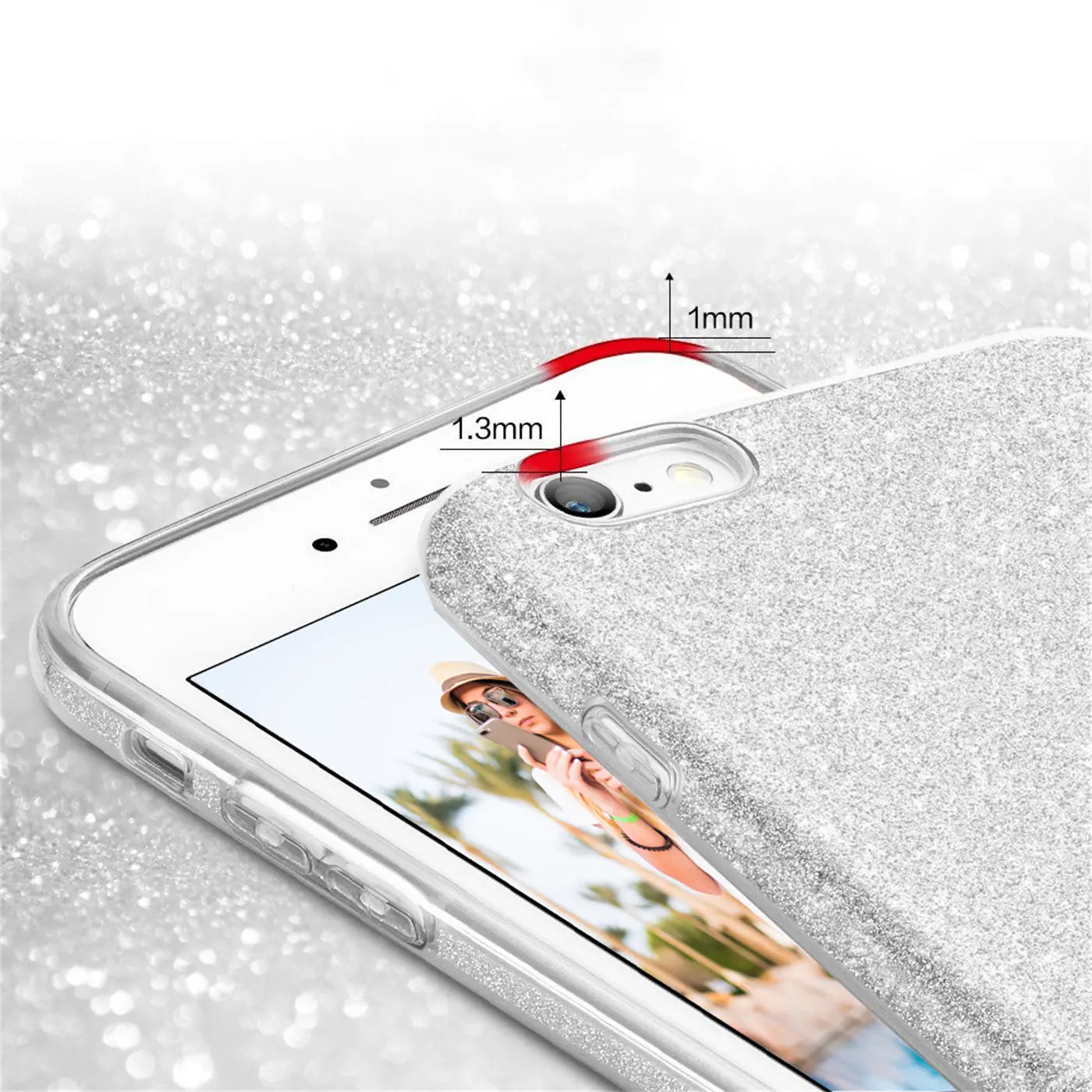 Silberne Glitzer-TPU-Hülle auf iPhone 6/6S, Nahaufnahme, Rückseite