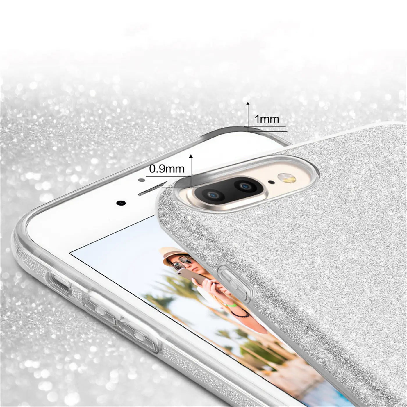 Silberne Glitzer-TPU-Hülle auf iPhone 7 Plus/8 Plus, Nahaufnahme von hinten.