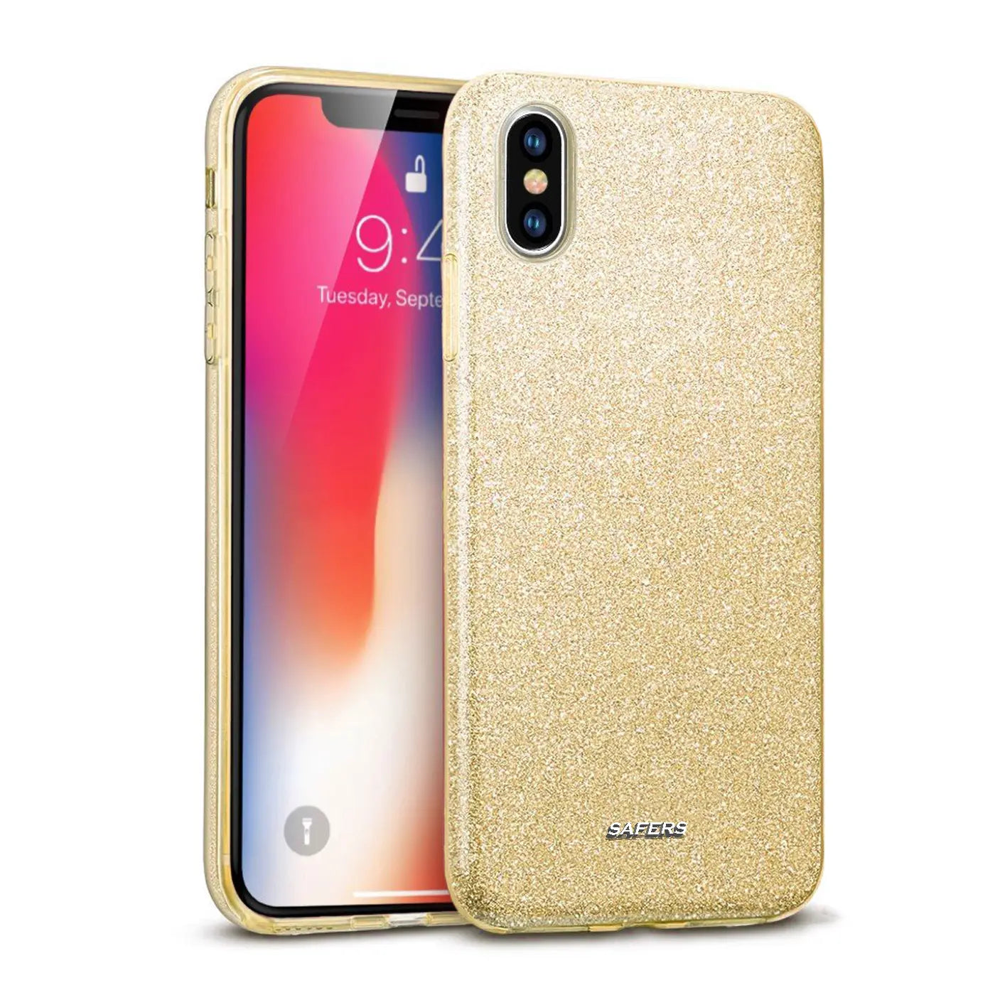 Goldene Glitzer TPU Hülle für iPhone X/XS, von vorne, leicht schräg.