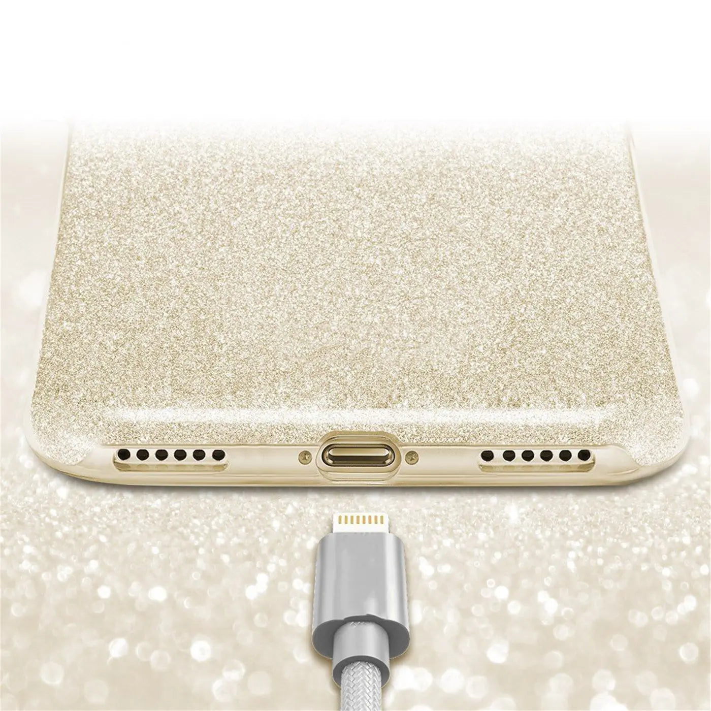Goldfarbene Glitzer TPU Hülle für iPhone X/XS, Nahaufnahme des Ladeanschlusses.