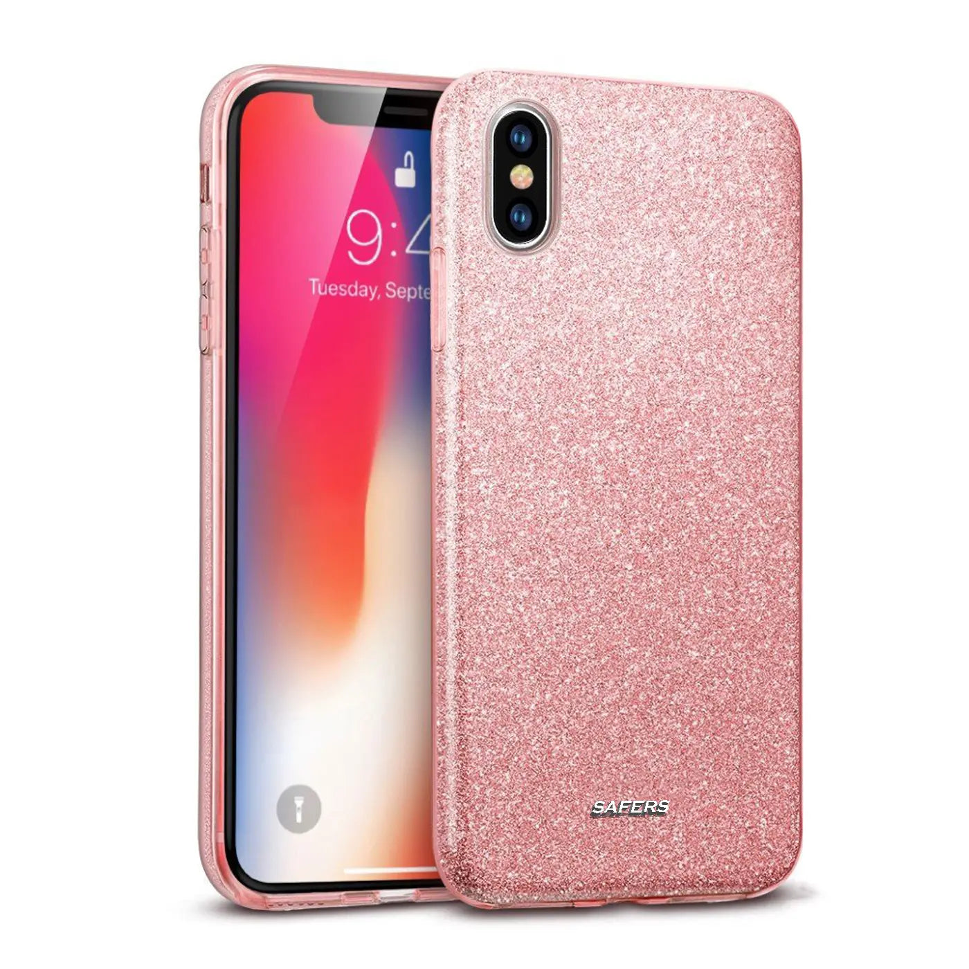 Rosa Glitzer TPU Hülle für iPhone X/XS, von vorne, mit dem Gerät daneben.