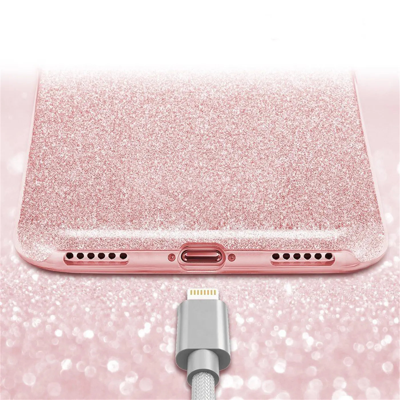 Rosa Glitzer TPU Hülle für iPhone X/XS, Nahaufnahme, Ladeanschluss sichtbar.