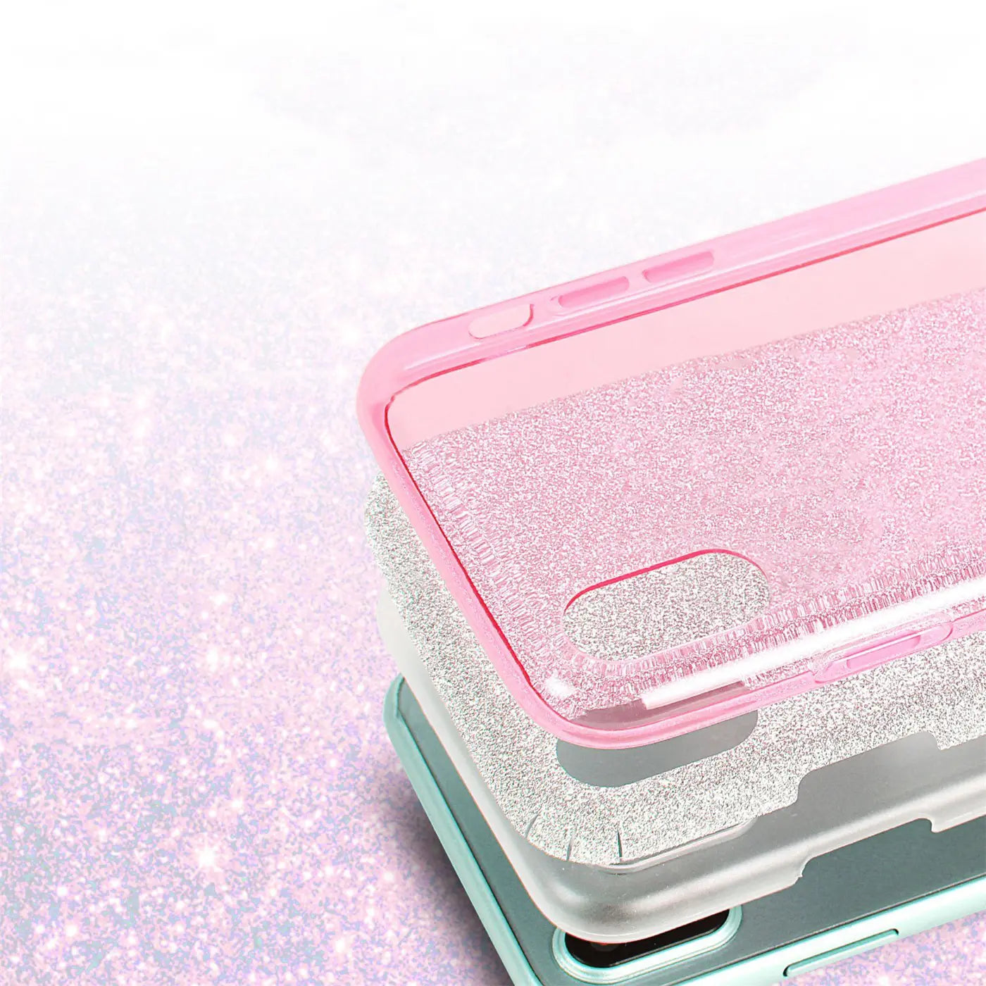 Drei Glitzer-TPU-Hüllen in Rosa, Silber und Mintgrün, von oben, für iPhone X/XS.