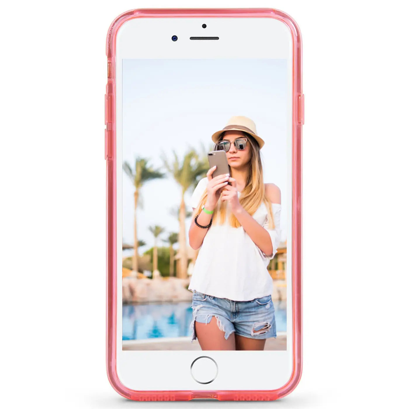 Rosa TPU Hülle mit Glitzer, Frontalansicht, zeigt iPhone X/XS mit Frau im Hintergrund