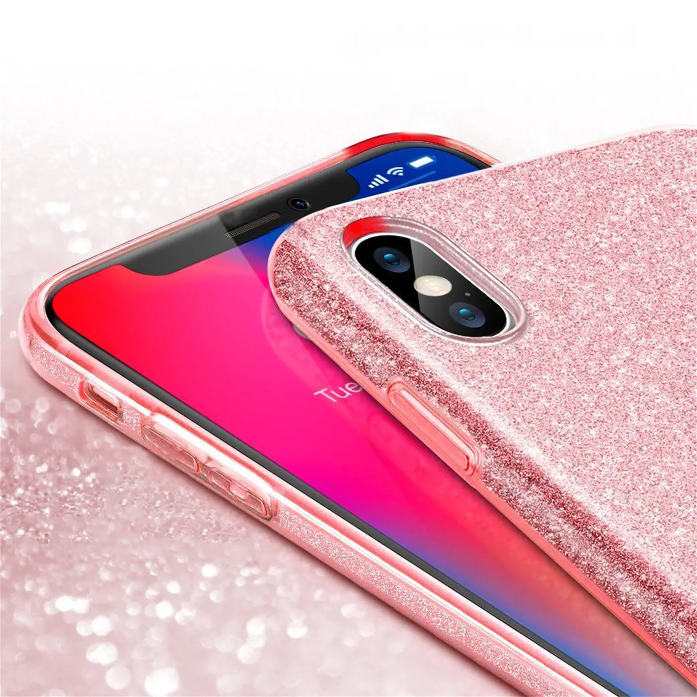 Rosa Glitzer TPU Hülle auf iPhone X/XS, Nahaufnahme von hinten