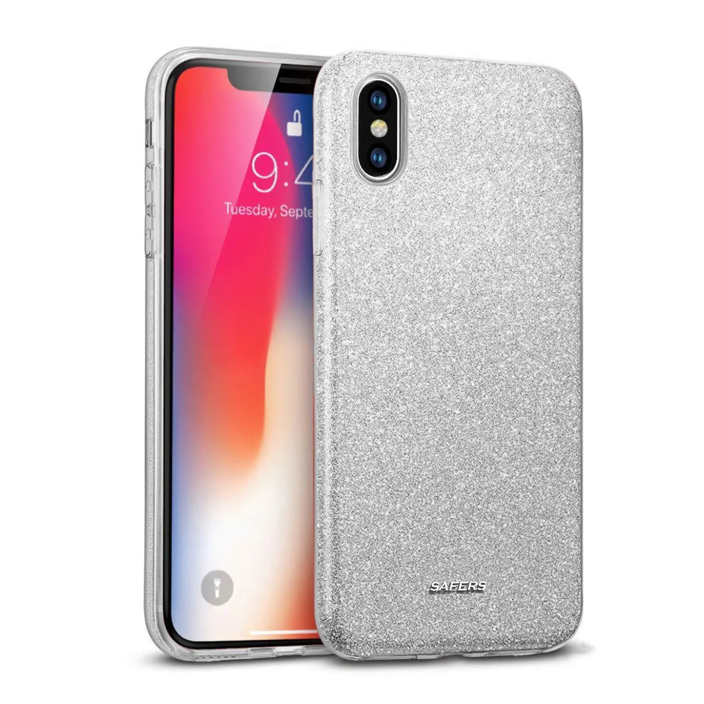 Silberne Glitzer TPU Hülle auf iPhone X/XS, von schräg vorne