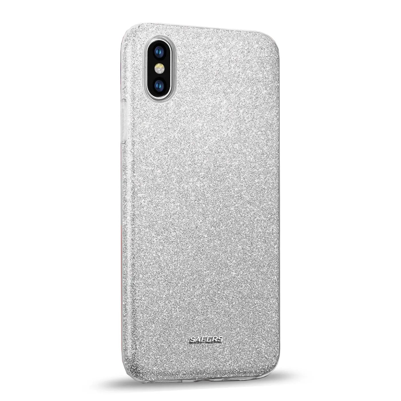 Silberne Glitzer-TPU-Hülle für iPhone X/XS, von hinten, leichte Schrägansicht.