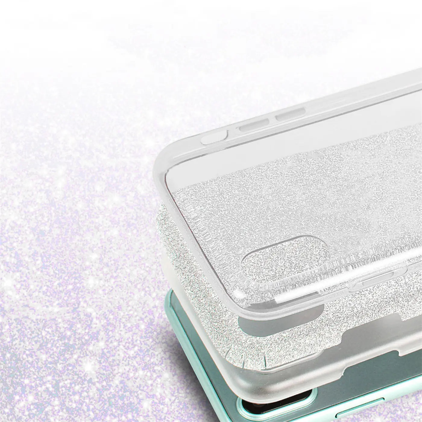 Silberne Glitzer-TPU-Hülle für iPhone X/XS, Nahaufnahme, von oben