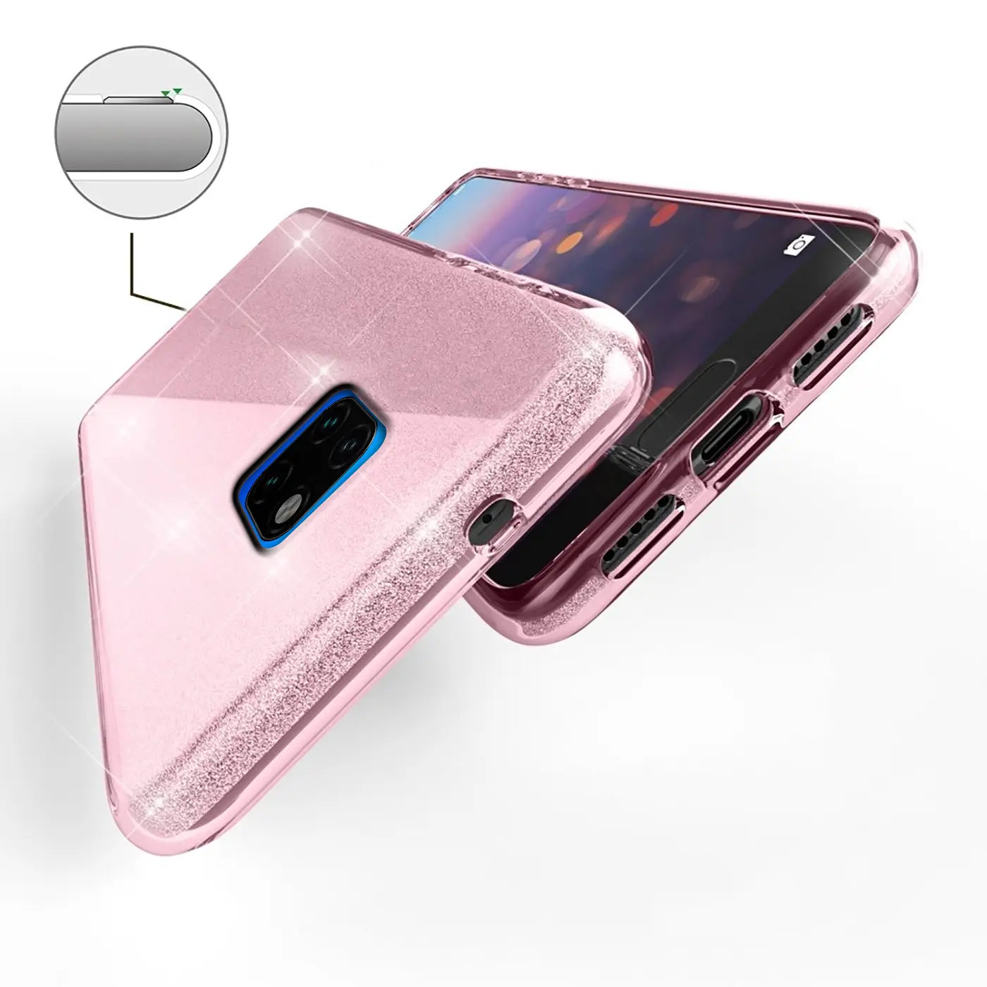 Rosa Glitzer TPU Hülle für Huawei Mate 20, Nahaufnahme, von oben schräg