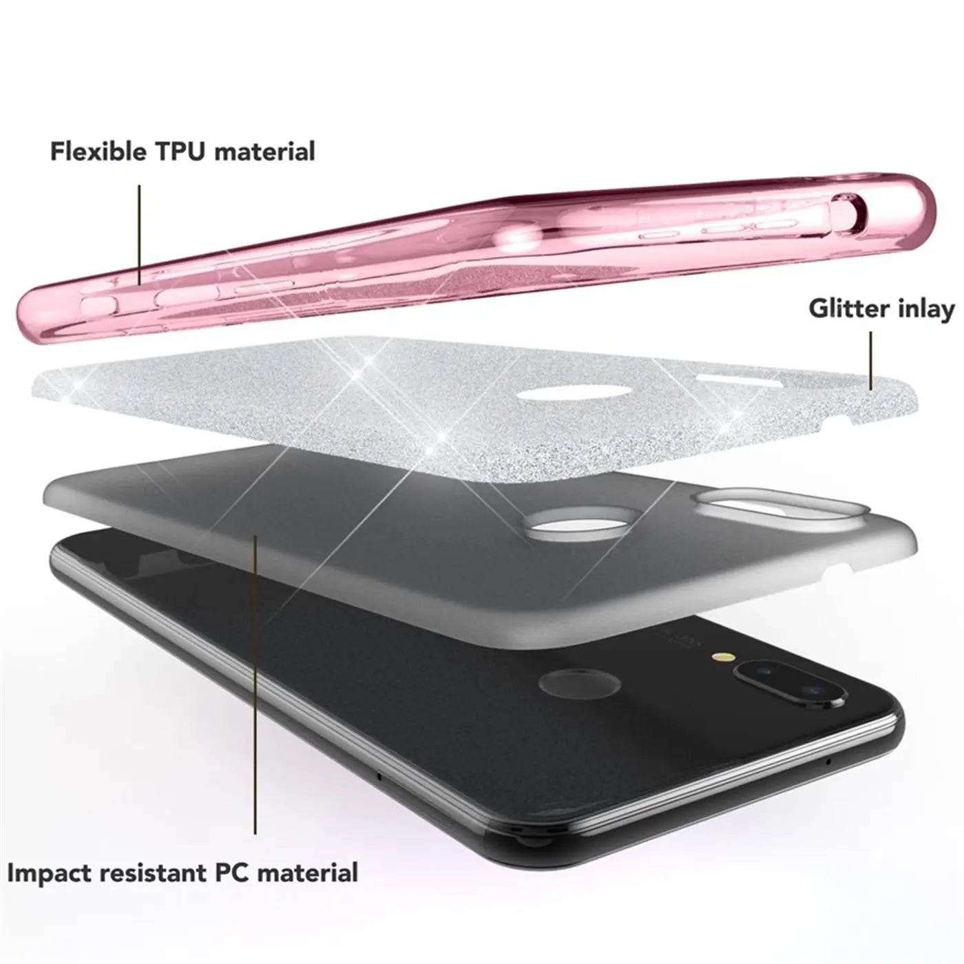 Explodierte Ansicht einer rosafarbenen Glitzer-TPU-Hülle über einem schwarzen Huawei Mate 20.
