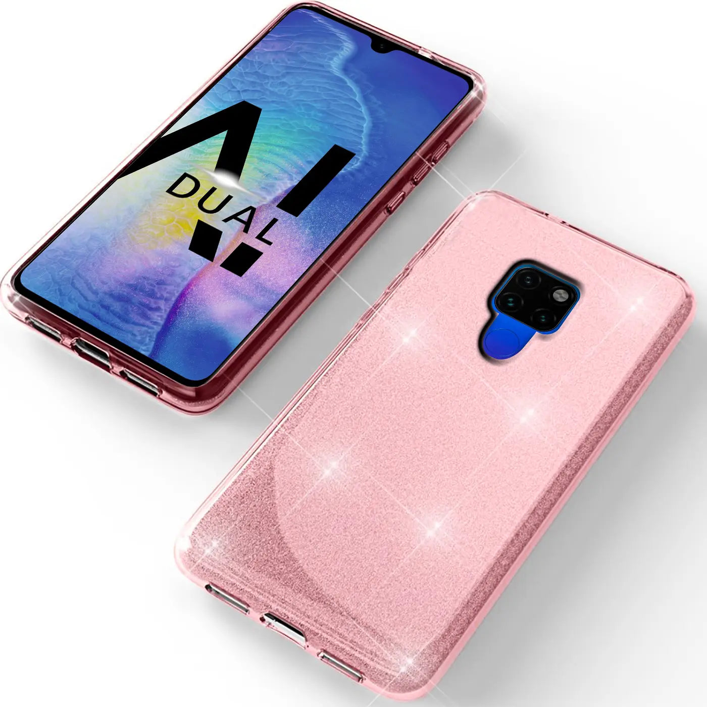 Rosa Glitzer TPU Hülle für Huawei Mate 20, von oben rechts gesehen.