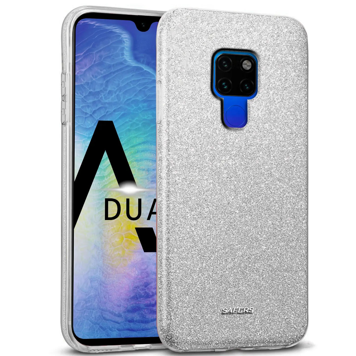 Silberne Glitzer-TPU-Hülle auf Huawei Mate 20, von vorne/leicht schräg