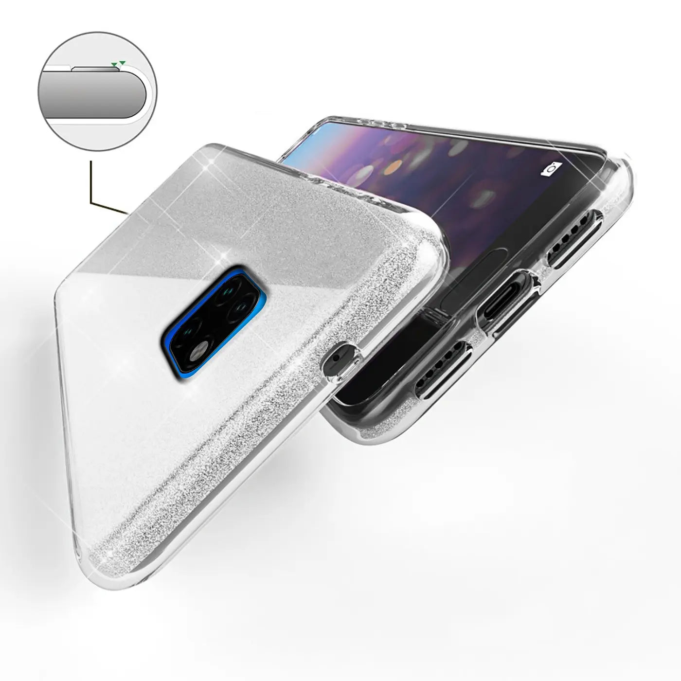 Silberne Glitzer-TPU-Hülle für Huawei Mate 20, von schräg oben.