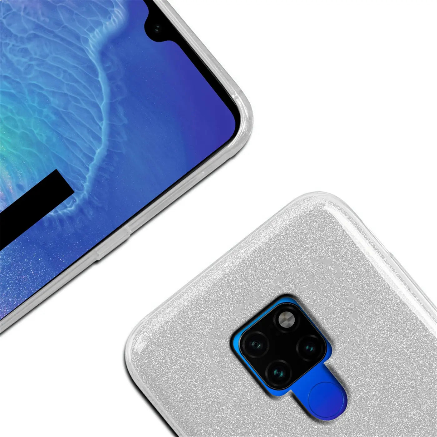 Silberne Glitzer TPU Hülle auf Huawei Mate 20, Rückansicht und Vorderseite
