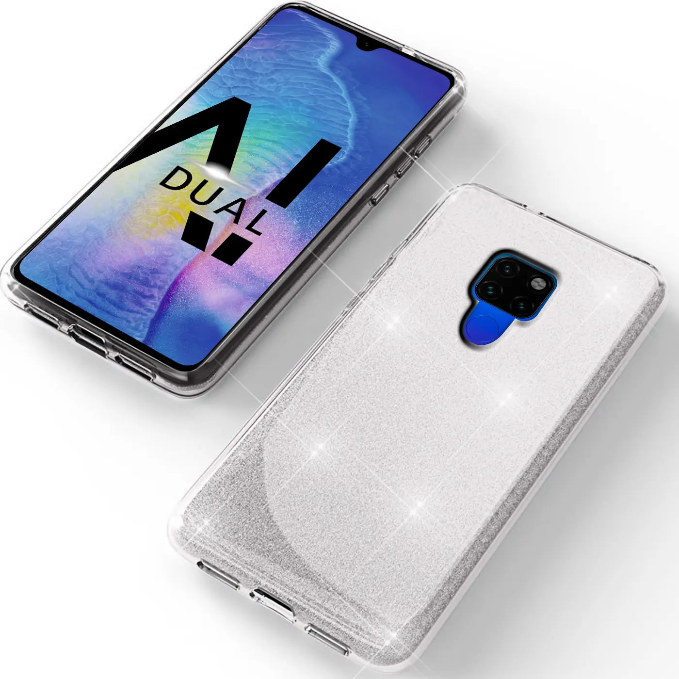 Silberne Glitzer-TPU-Hülle für Huawei Mate 20, von oben/seitlich gezeigt.