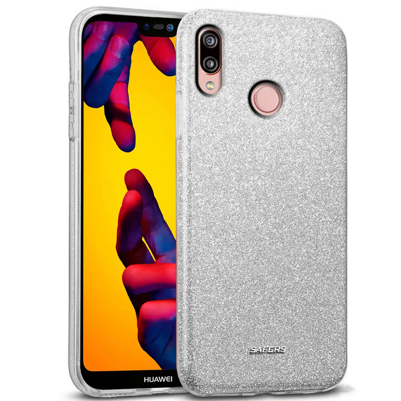 Silberne Glitzer TPU Hülle für Huawei P20 Lite, von vorne, mit Fingerabdrucksensor.