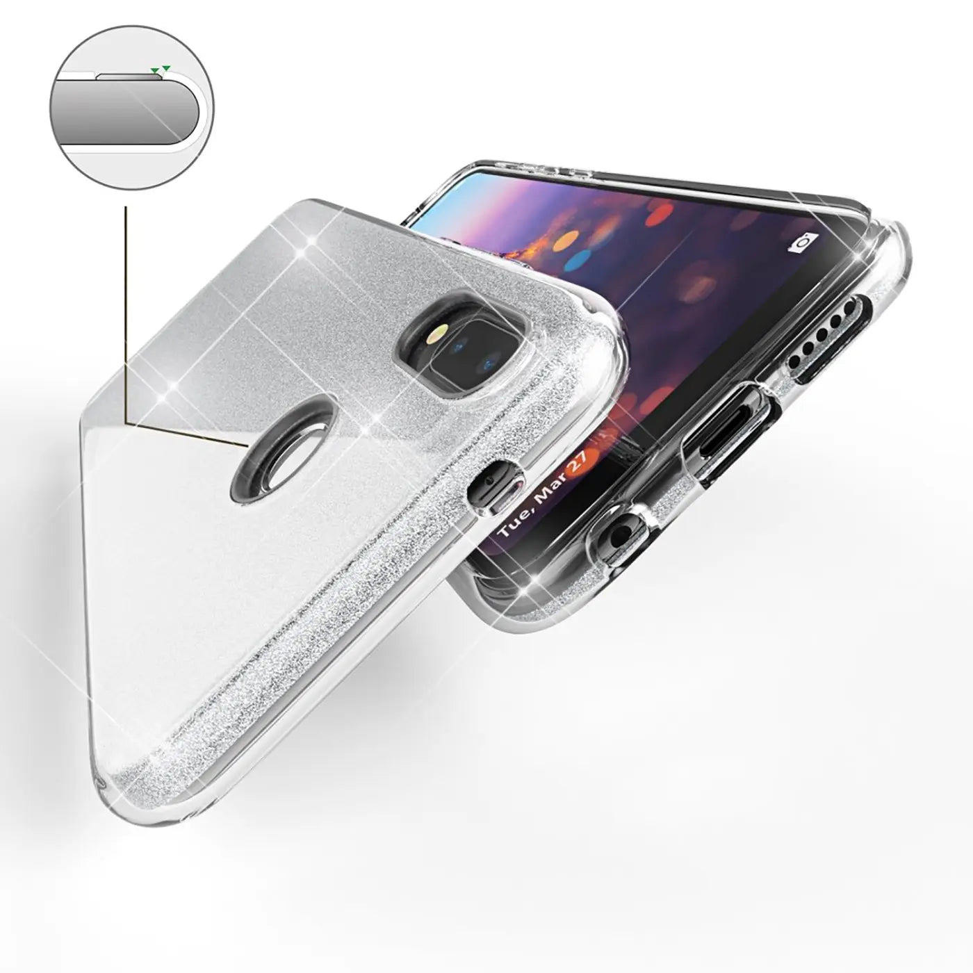 Silberne Glitzer-TPU-Hülle für Huawei P20 Lite, von schräg oben fotografiert.