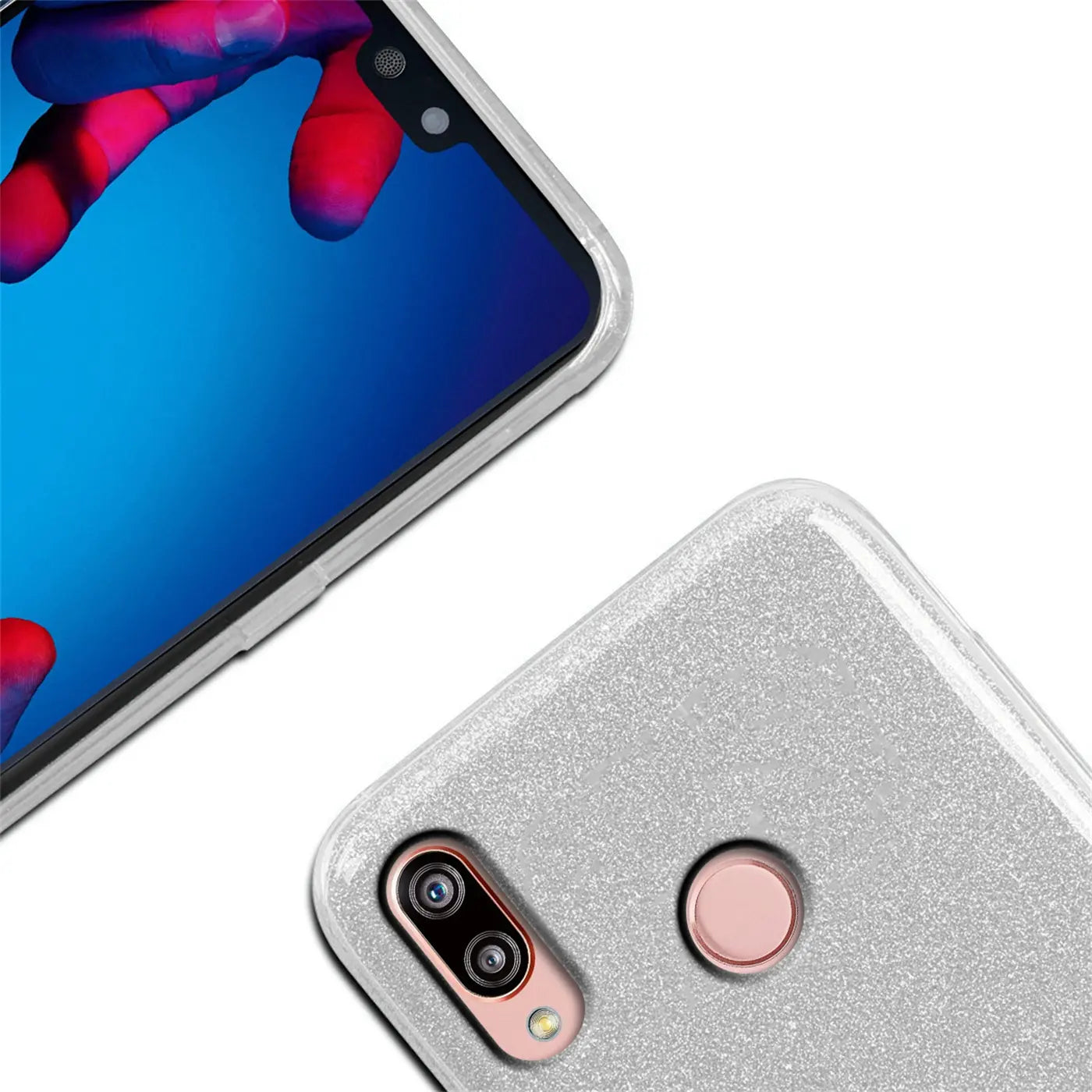 Silberne Glitzer-TPU-Hülle auf Huawei P20 Lite, Rückansicht und Vorderseite.