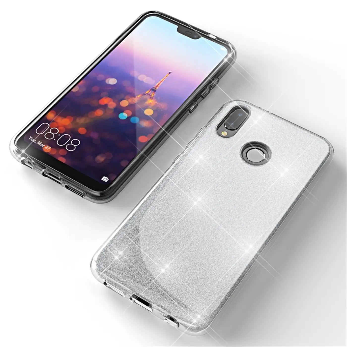 Huawei P20 Lite Hülle, glitzernd, transparent, TPU, von schräg oben