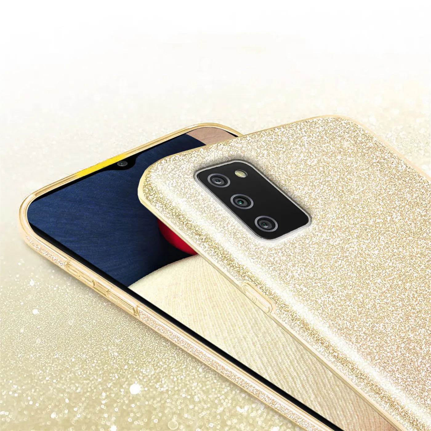Goldene Glitzer-TPU-Hülle auf Samsung Galaxy A02S, von schräg oben.