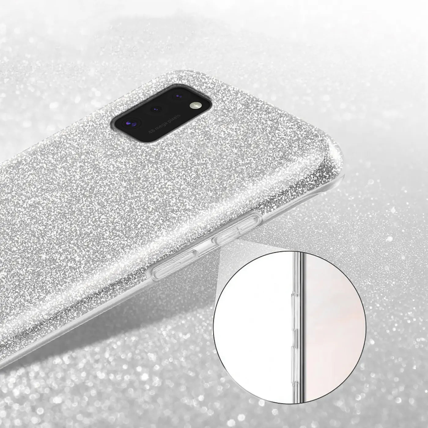 Silberne Glitzer TPU Hülle für Samsung Galaxy A02S, Seitenansicht.
