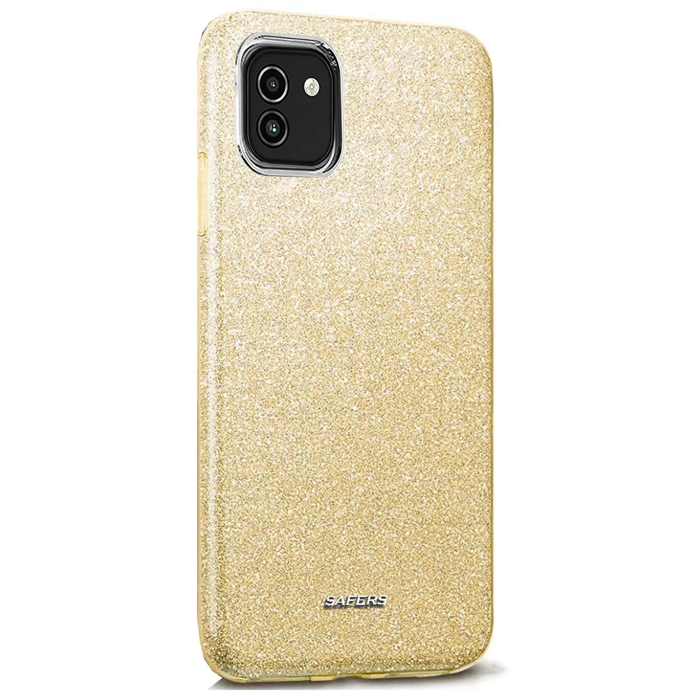Goldene Glitzer TPU Hülle für Samsung Galaxy A03, von vorne, leicht schräg.