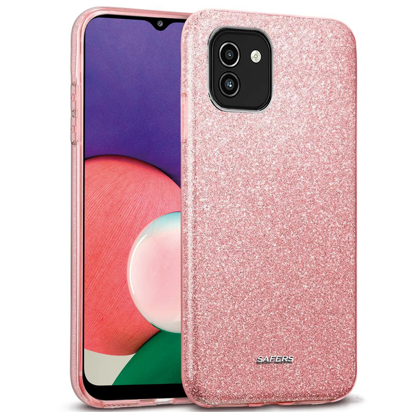 Rosa Glitzer TPU Hülle für Samsung Galaxy A03, von vorne leicht schräg