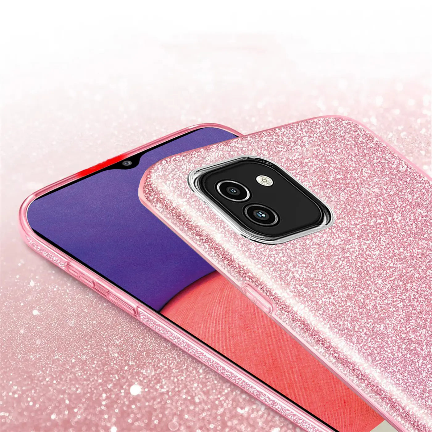 Rosa Glitzer TPU Hülle auf Samsung Galaxy A03, Nahaufnahme von hinten