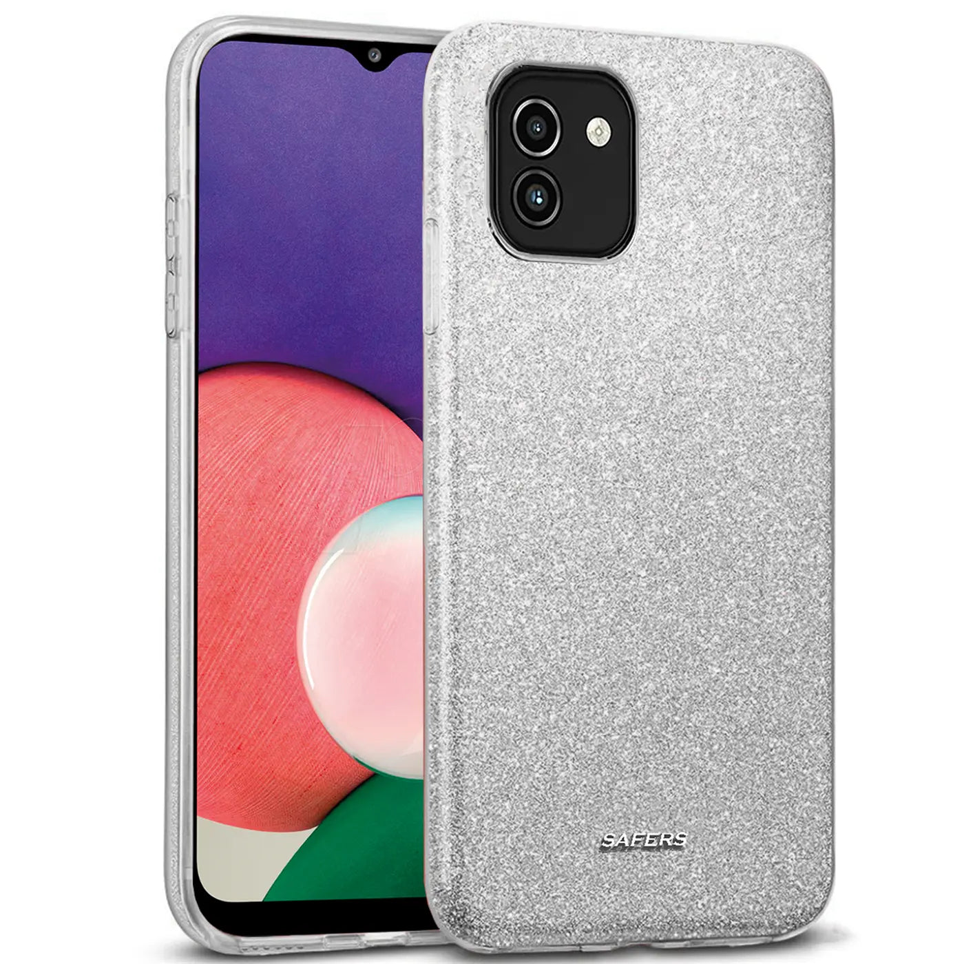 Silberne Glitzer-TPU-Hülle auf einem Samsung Galaxy A03, von vorne schräg fotografiert.