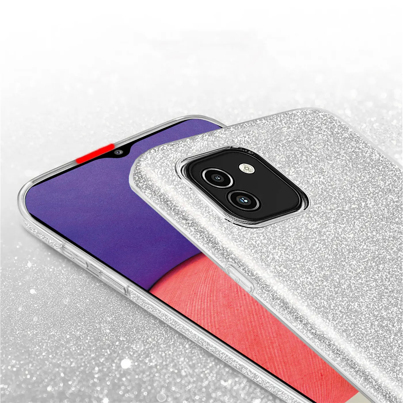 Silberne Glitzer-TPU-Hülle mit Samsung Galaxy A03 im Fokus, von schräg oben