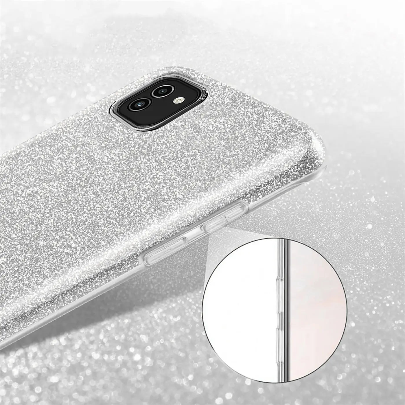 Silberne Glitzer-TPU-Hülle für Samsung Galaxy A03, Seitenansicht.