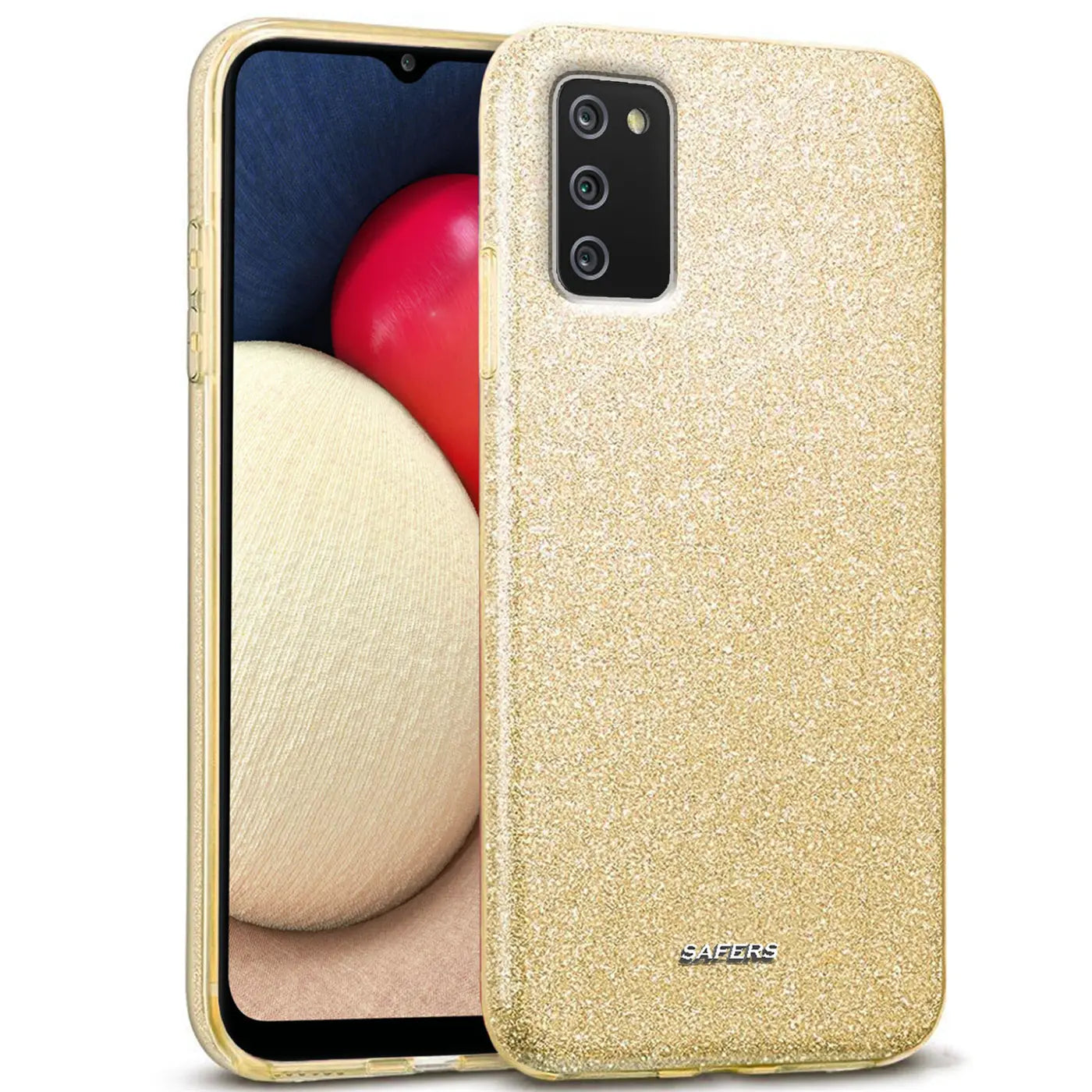 Goldene Glitzer TPU Hülle auf Samsung Galaxy A03s, Seitenansicht.
