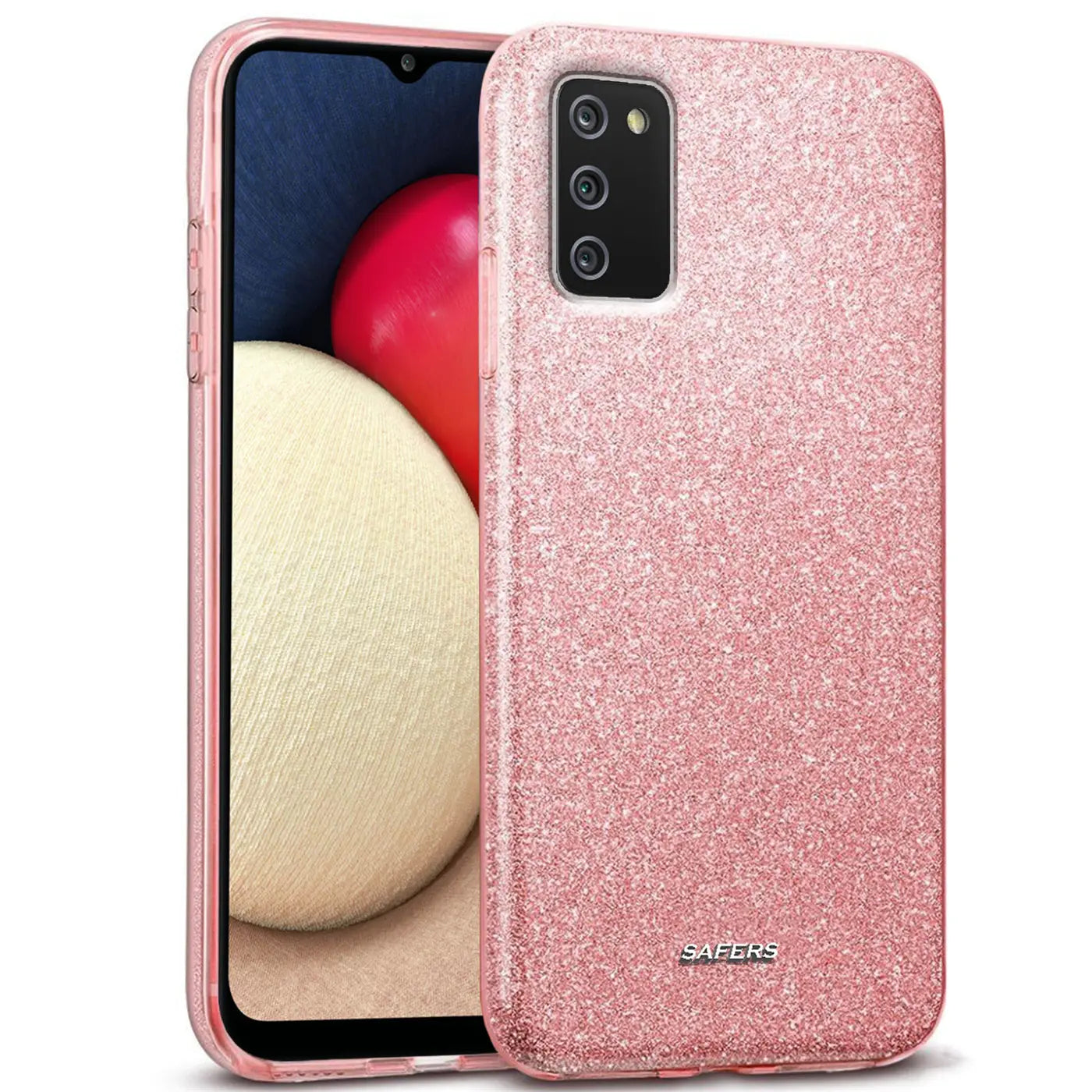 Rosa Glitzer TPU Hülle auf Samsung Galaxy A03s, von schräg vorne.
