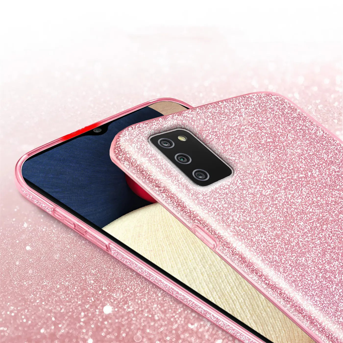 Rosa Glitzer TPU Hülle auf Samsung Galaxy A03s, von schräg oben.