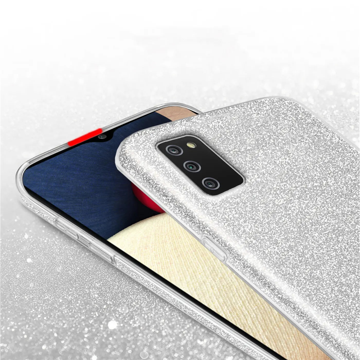 Silberne Glitzer-TPU-Hülle auf Samsung Galaxy A03s, Nahaufnahme von oben.