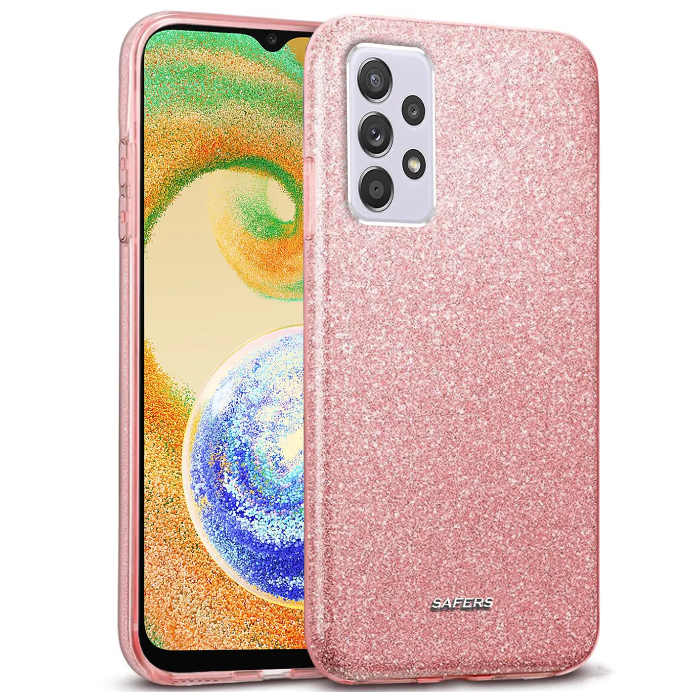Rosa Glitzer TPU Hülle auf Samsung Galaxy A13 4G, von vorne links.