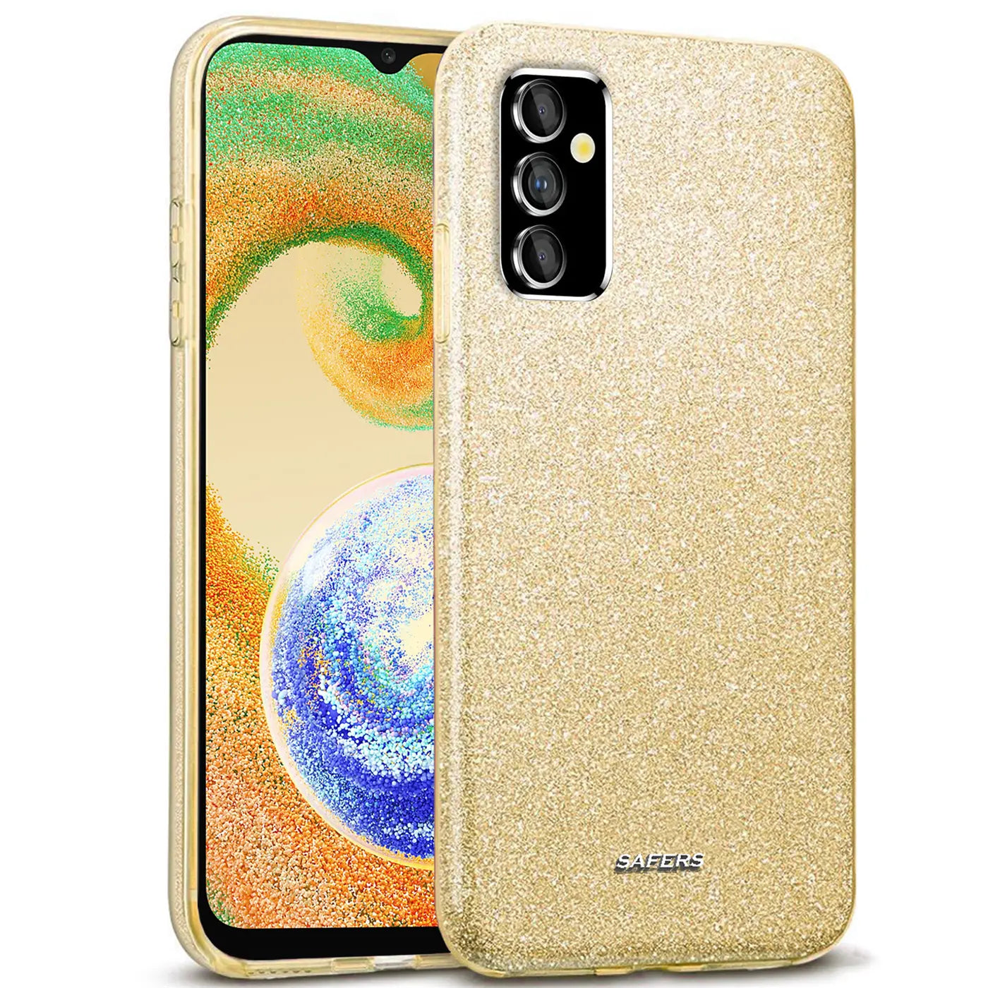 Goldene Glitzer-TPU-Hülle auf einem Samsung Galaxy A13 5G/A04s, von vorne links gesehen.