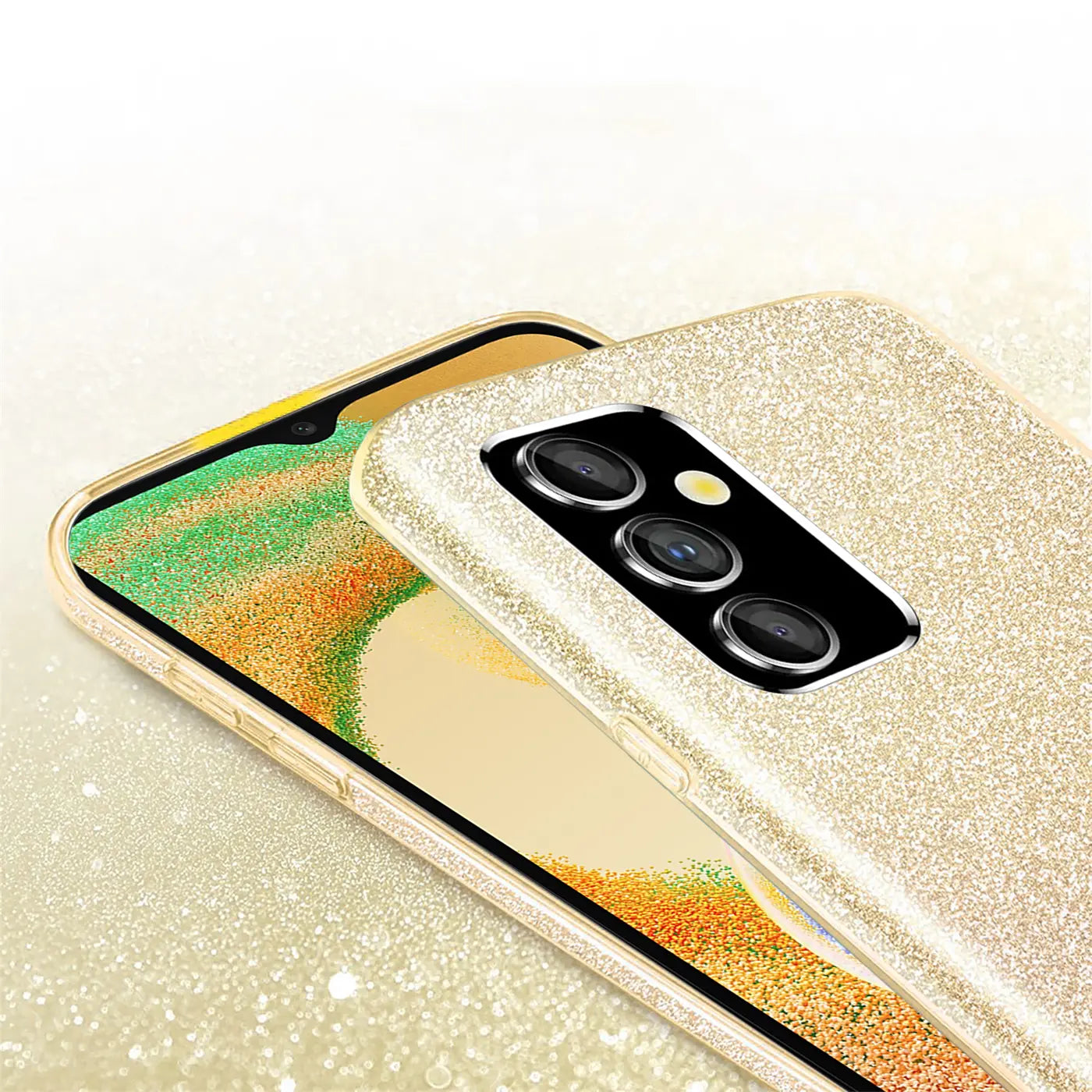 Goldene Glitzer TPU Hülle auf Samsung Galaxy A13 5G / A04s, Rückansicht.