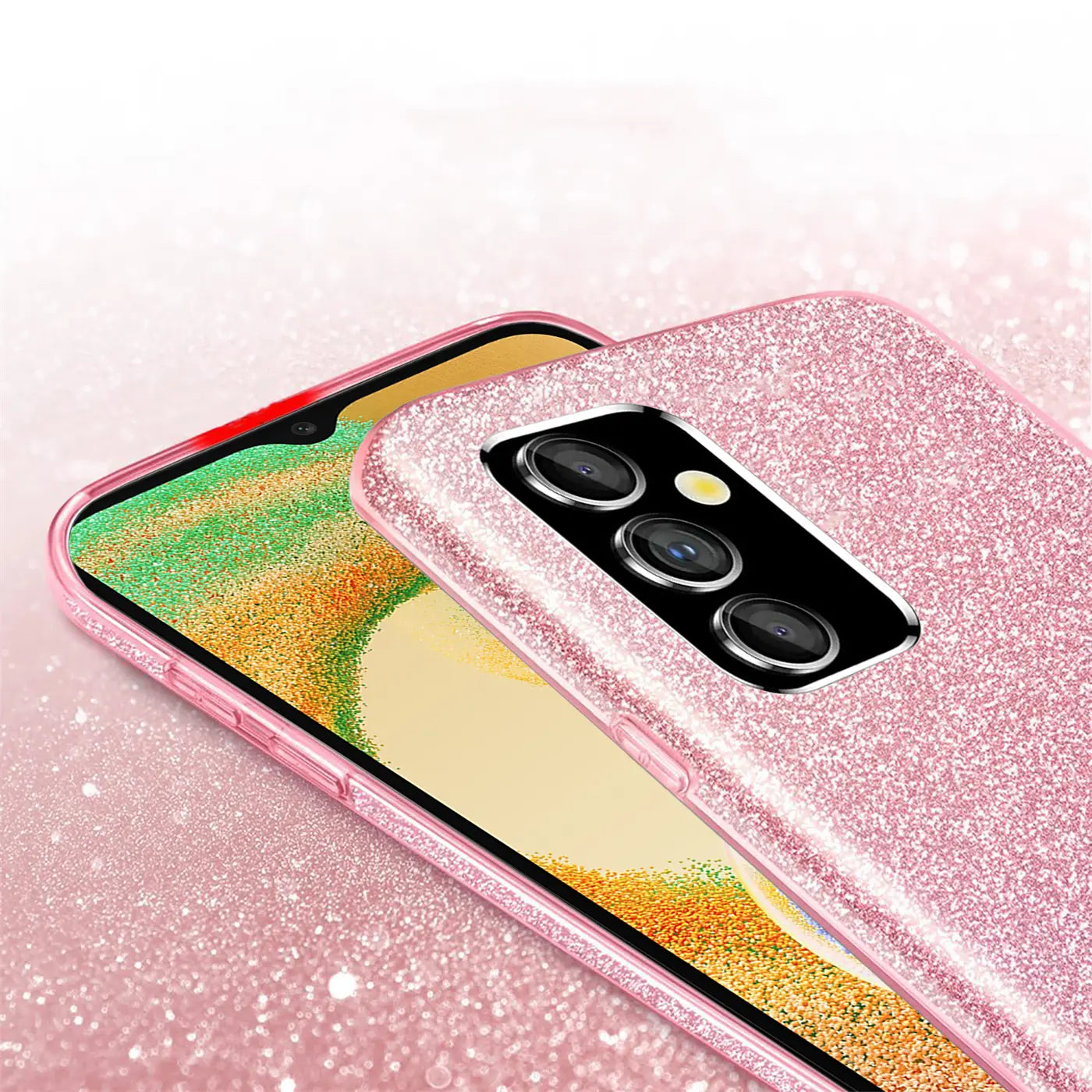 Rosa Glitzer TPU Hülle mit Samsung Galaxy A13 5G/A04s, Nahaufnahme.